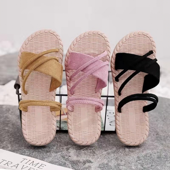 Woman Summer Beach Flat Shoes Flip Flops Slippers Ladies Sandals Ramie Sole Straw Plaiting Designs