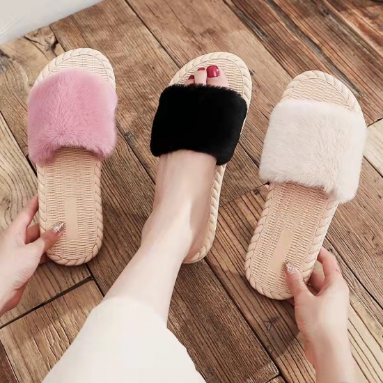 Women Indoor Warm Fur Shoes Ladies anti-slipper Plush Upper Straw knitted knitted Sole Slide Slippers