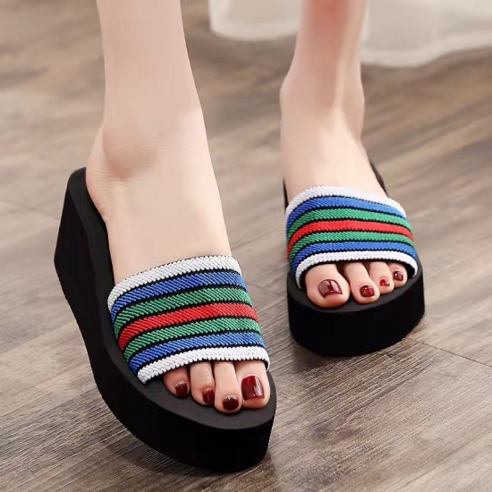 Summer Fashion Ladies Platform bottom Slides colorful elastic Striped upper Sandals Women high heel slipper