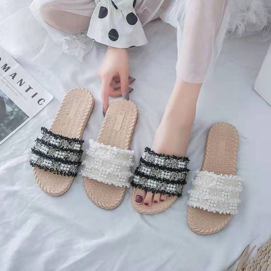 Fashion Beach Flat Straw sole Slides shoes Ladies sandals Pearls Upper women slippers