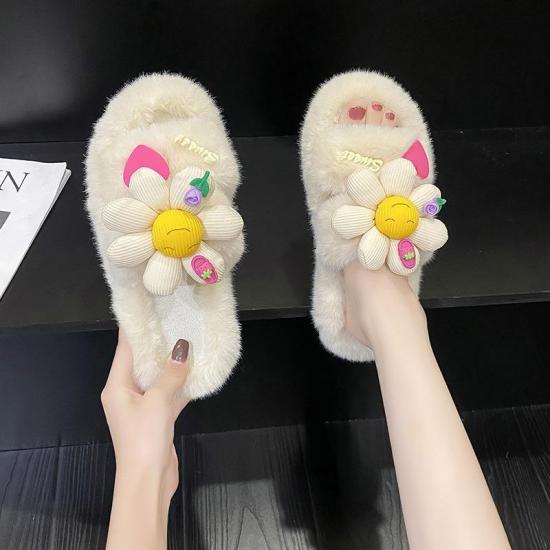 Sweet girl sunflower slipper  Faux Fur Fashion Warm Indoor outdoor Winter home slippers