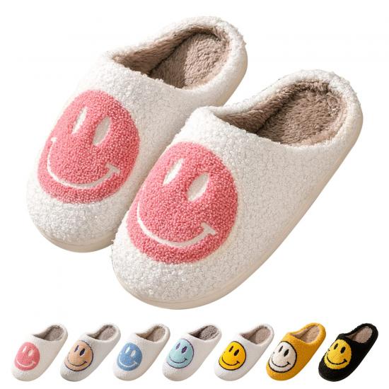 Wholesales Smile Face Slippers Retro Soft Plush Warm Sliders Cute Fuzzy Slippers for Winter and Spring