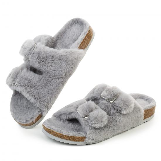 Autumn winter Womens Open Toe Slipper with Cozy Lining,Faux Rabbit Fur Cork Slide Sandals Size 6-11