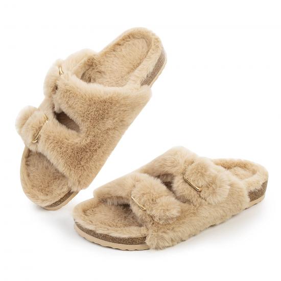 Womens Open Toe Slipper with Cozy Lining,Faux Rabbit Fur Cork Slide Sandals Size 6-11