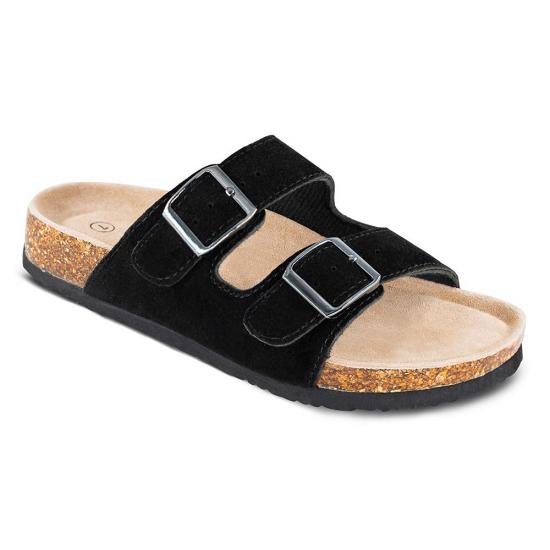 Womens Cow Suede Leather Flat Sandals 2 Strap Adjustable Buckle Casual Slippers Slide Cork Sandals Shoes for Women/Ladies/Girls