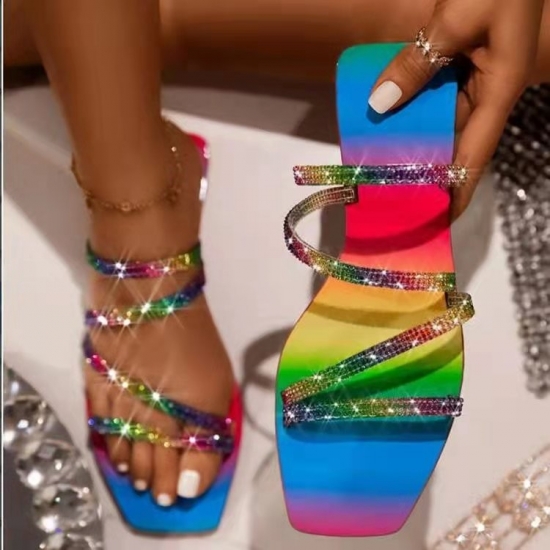 Fashion Beach Flat shoes Ladies slippers Diamonds crystals Colorful printed Upper women Sandals
