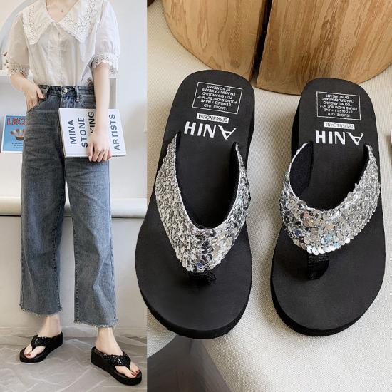 Sequined Flip-flops Women Wedges Platform
