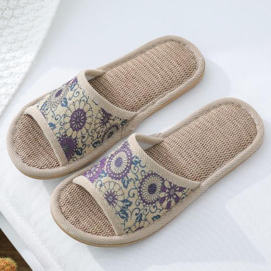 2023 New Rattan Grass Linen Slippers Women Flower Printed Non-slip House Slides