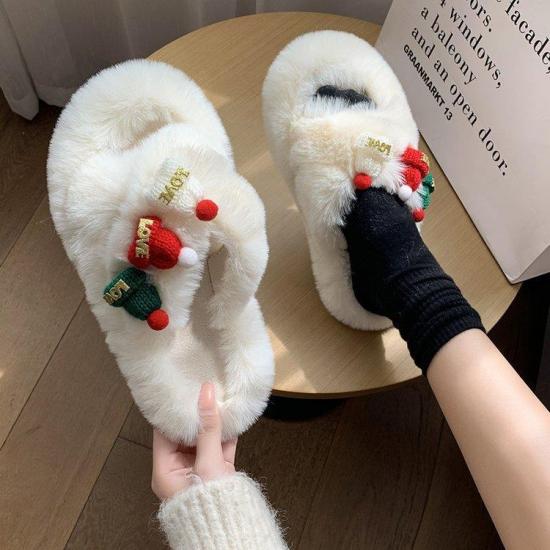 New Christmas  furry slipper Fluffy Faux Fur Fashion Warm Indoor Slides Slippers