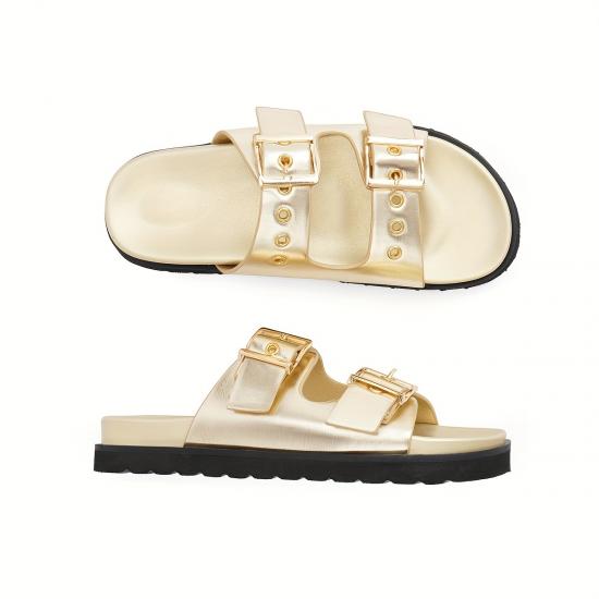 2024 Womens Slide Sandals Double Buckle Adjustable Flat Sandals Slip On Platform Open Toe Summer Sandals