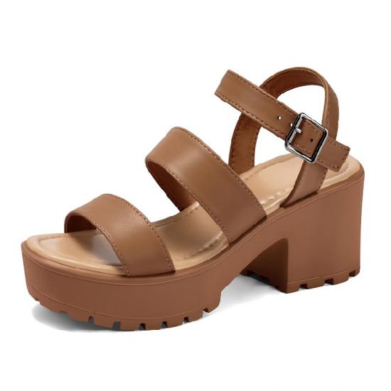 Women Open Toe Two Bands Lug sole Fashion Block Heel Sandals with Adjustable Ankle Strap