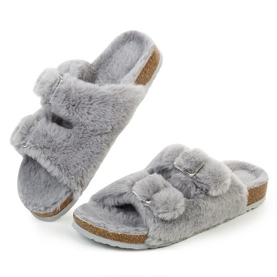 Factory Price Autumn winter Womens Open Toe Slipper with Cozy Lining,Faux Rabbit Fur Cork Slide Sandals Size 6-11 in Bulk