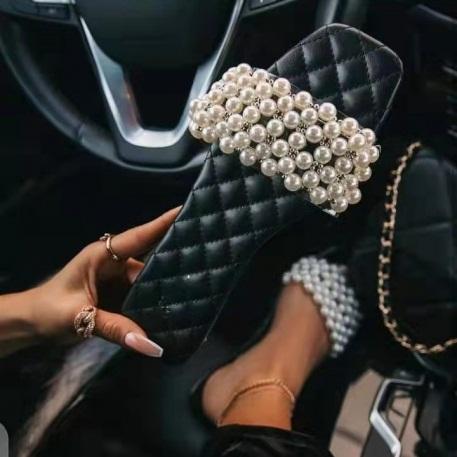 Summer Fashion Flat Shoes Pearls Upper Slides Slippers sandals for women and ladies