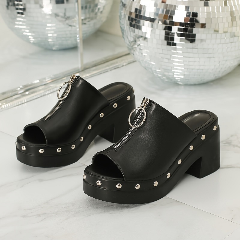 Women's Platform Stylish Footwear PU Sandals Soft Sole Studded Decor Front Zip Shoes Comfort Peep Toe Vacation Chunky Heels Sandals In Bulk